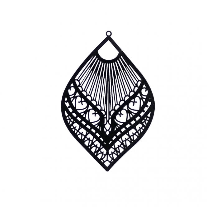 60x40mm Metal Filigree Feather Pendant - Black Plated - 1pc