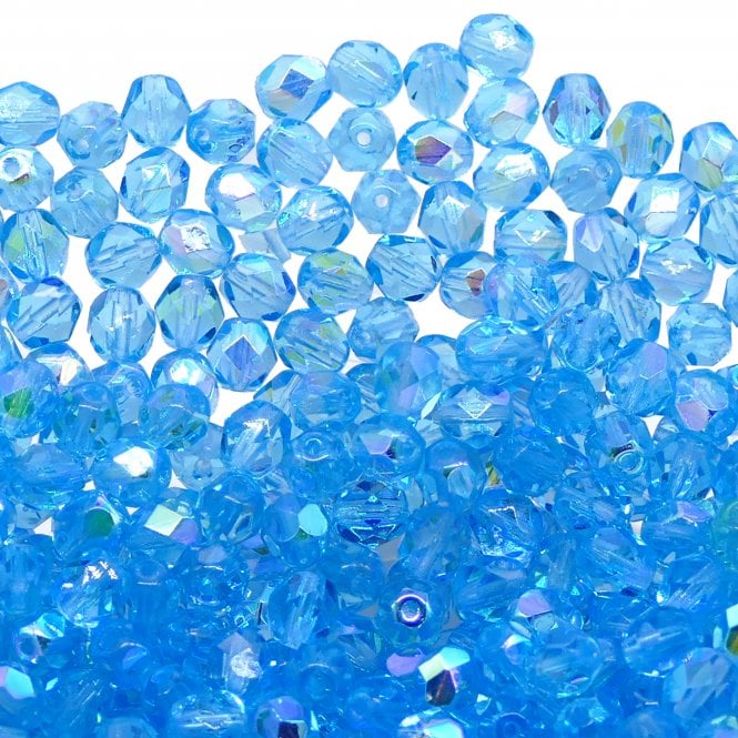 6mm Czech Faceted Round Glass Bead - Aquamarine AB - 50pk