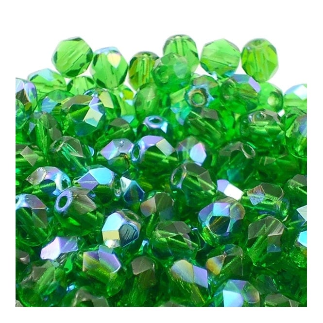 6mm Czech Faceted Round Glass Bead - Emerald AB - 50pk