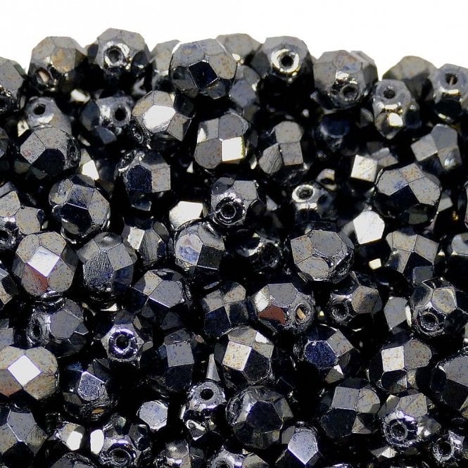 6mm Czech Faceted Round Glass Bead - Hematite - 50pk