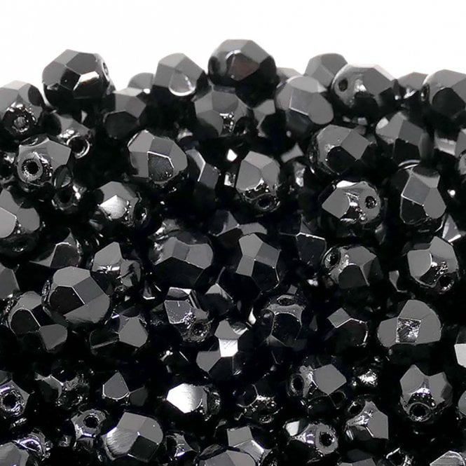 6mm Czech Faceted Round Glass Bead - Jet - 50pk