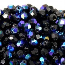 6mm Czech Faceted Round Glass Bead - Jet AB - 50pk