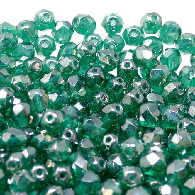 6mm Czech Faceted Round Glass Bead - Lustre Emerald - 50pk