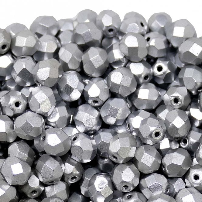 6mm Czech Faceted Round Glass Bead - Matte Metallic Silver  - 50pk