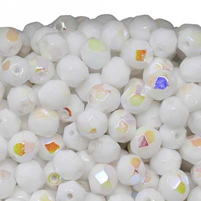 6mm Czech Faceted Round Glass Bead - Opaque White AB - 50pk