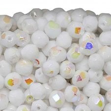 6mm Czech Faceted Round Glass Bead - Opaque White AB - 50pk