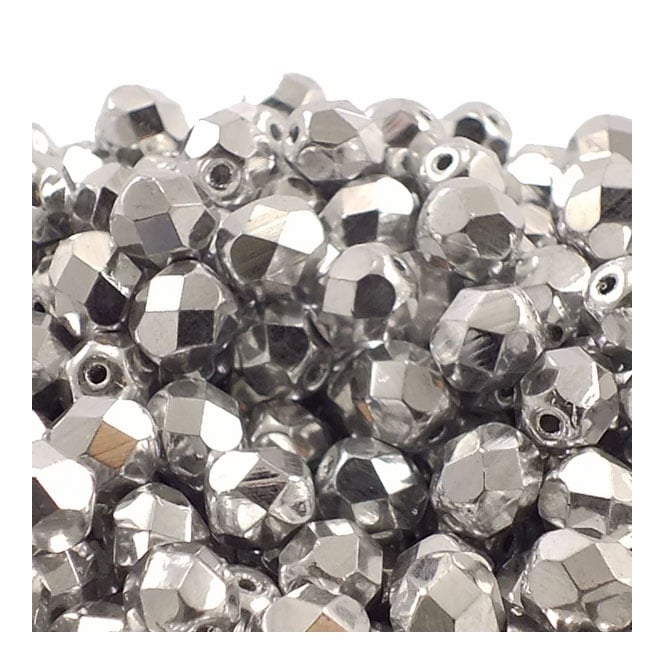 6mm Czech Faceted Round Glass Bead - Silver - 50pk
