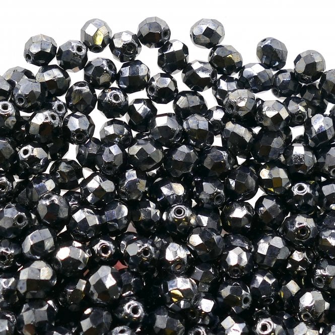 8mm Czech Faceted Round Glass Bead - Hematite - 20pcs