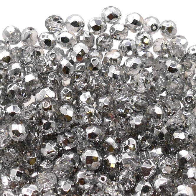 8mm Czech Faceted Round Glass Bead - Silver 1/2 - 20pcs