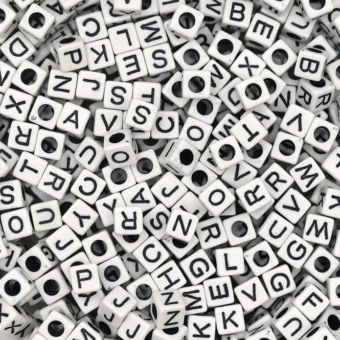 Alphabet/Letter Cubes 6x6mm Plastic Bead Mix - Black/White - 15g (85 beads approx)