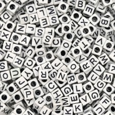 Alphabet/Letter Cubes 6x6mm Plastic Bead Mix - Black/White - 15g (85 beads approx)