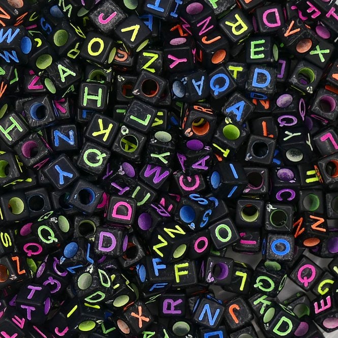 Alphabet/Letter Cubes 6x6mm Plastic Bead Mix - Multi/Black - 15g (85 beads approx)