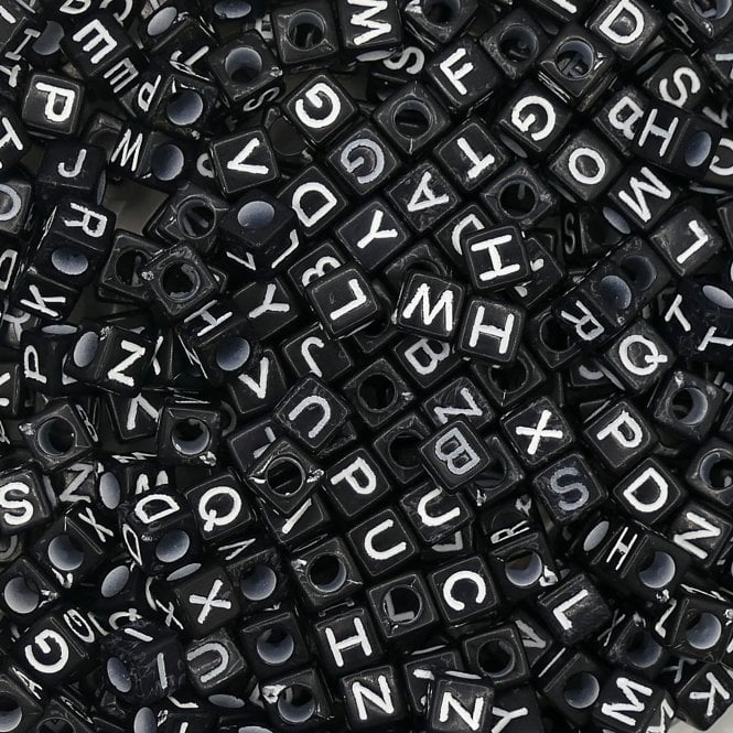 Alphabet/Letter Cubes 6x6mm Plastic Bead Mix - White/Black - 15g (85 beads approx)