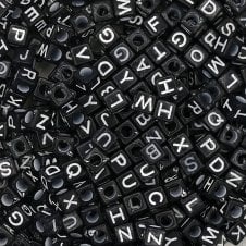 Alphabet/Letter Cubes 6x6mm Plastic Bead Mix - White/Black - 15g (85 beads approx)