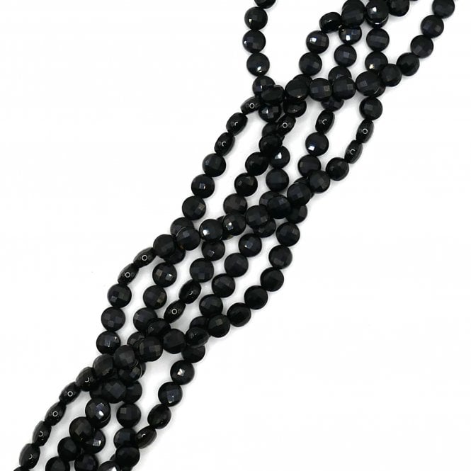 Black Agate Faceted Coins 6x4mm - 1 String (approx 65 beads)