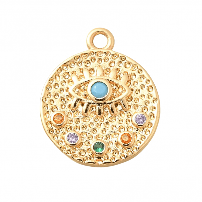 Brass Micro Paved Rhinestone Eye Pendant 13mm - 18k Gold Plated - 1pc