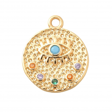 Brass Micro Paved Rhinestone Eye Pendant 13mm - 18k Gold Plated - 1pc