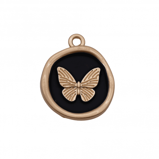 Enamel Butterfly Pendant 22mm - Black/Gold Plated - 1pc