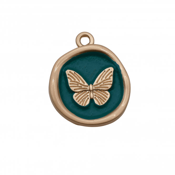 Enamel Butterfly Pendant 22mm - Teal/Gold Plated - 1pc
