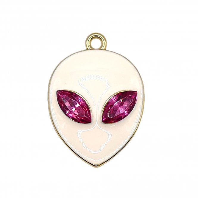 Enamel Rhinestone Alien Pendant 24x20mm - White/Pink - 1pc