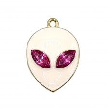 Enamel Rhinestone Alien Pendant 24x20mm - White/Pink - 1pc