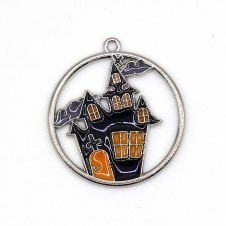 Enamel Spooky Castle Pendant 22mm - Black/Silver - 1pc