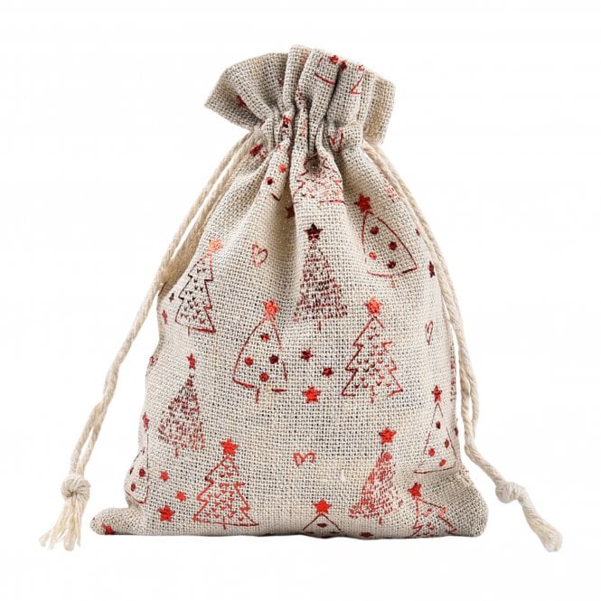 Gift Bag w/Drawstring  14x10cm Burlap - Christmas Trees - 2pcs