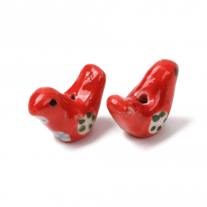Handmade Porcelain Bird Beads 20x16mm - Red - 2pcs