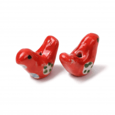 Handmade Porcelain Bird Beads 20x16mm - Red - 2pcs