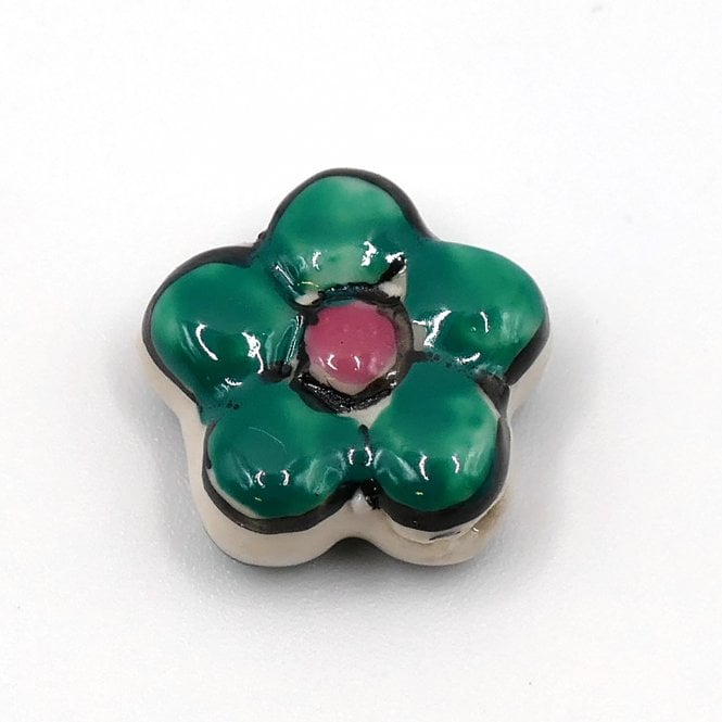 Handmade Porcelain Flower Beads 16mm - Green/Purple - 1pc