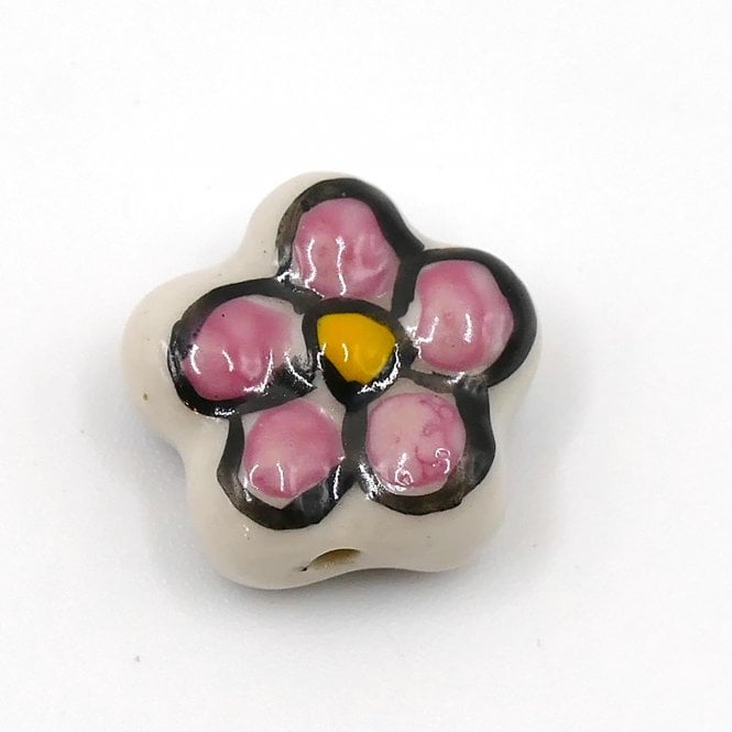 Handmade Porcelain Flower Beads 16mm - Purple/Yellow - 1pc