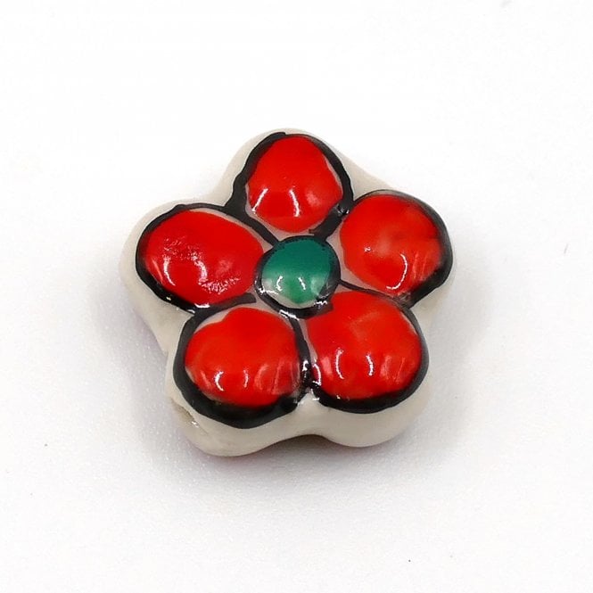 Handmade Porcelain Flower Beads 16mm - Red/Green - 1pc
