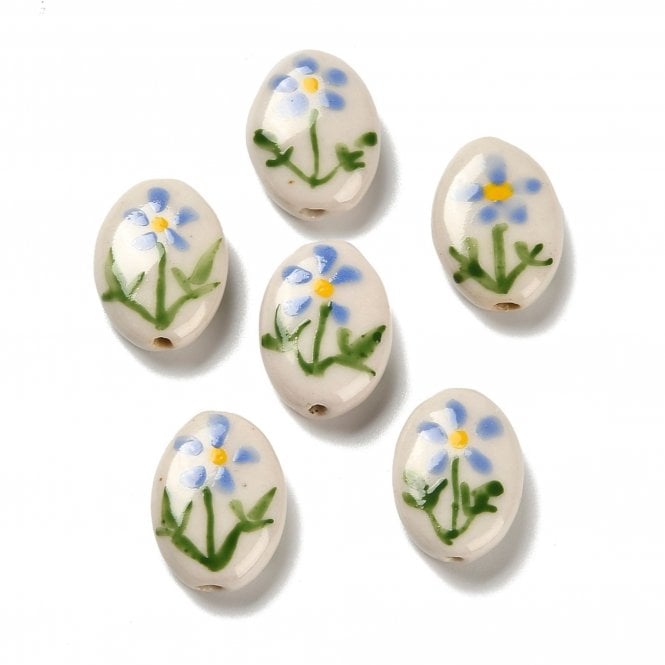 Handmade Porcelain Oval Beads 12x8mm - Blue/White - 1pc