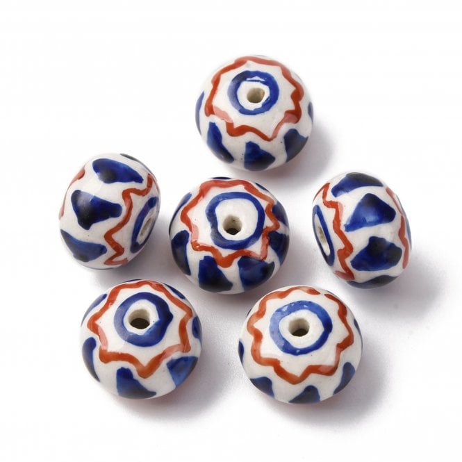 Handmade Porcelain Rondelle Beads 14x10mm - Red/Dark Blue - 2pcs