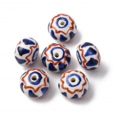 Handmade Porcelain Rondelle Beads 14x10mm - Red/Dark Blue - 2pcs