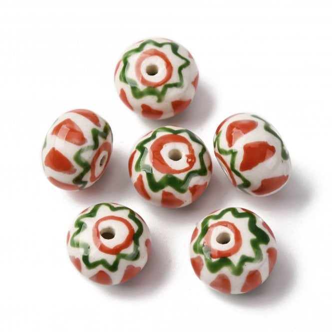 Handmade Porcelain Rondelle Beads 14x10mm - Red/Green - 2pcs