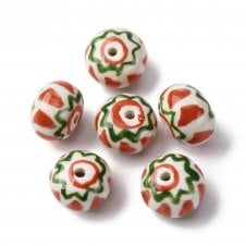 Handmade Porcelain Rondelle Beads 14x10mm - Red/Green - 2pcs