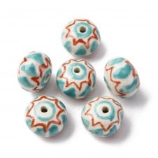 Handmade Porcelain Rondelle Beads 14x10mm - Red/Turq - 2pcs