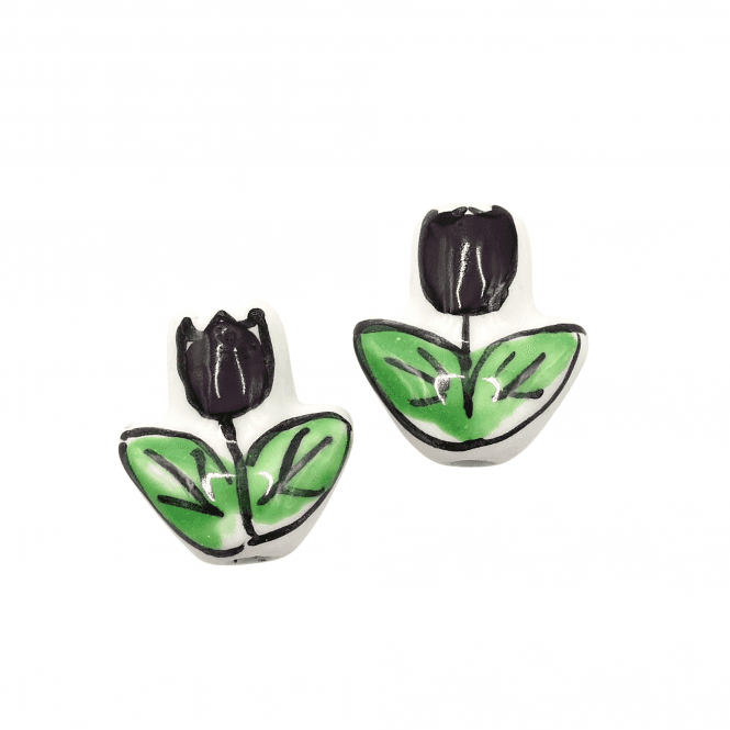 Handmade Porcelain Tulip Beads 16x14mm - Black - 2pcs
