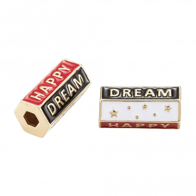 Hexagon "Happy/Dream" Bead 20x9mm - 18k Gold Plated - Red/Black/White - 1pc