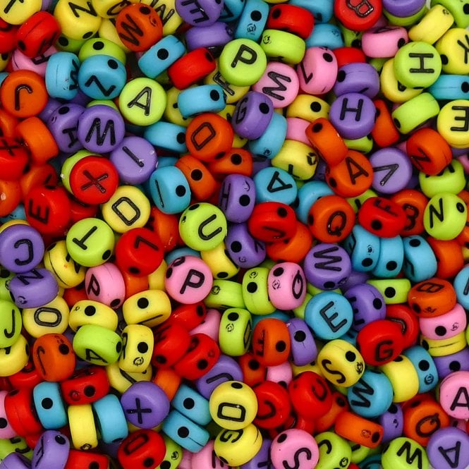 Letter/Alphabet 7x4mm Plastic Bead Mix - Black/Multi - 15g (110 beads approx)