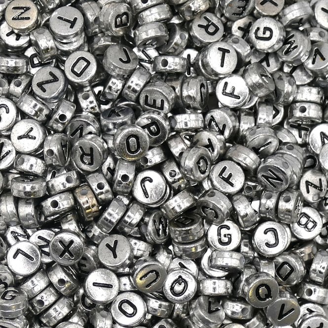 Letter/Alphabet 7x4mm  Plastic Bead Mix - Silver - 15g (110 beads approx)