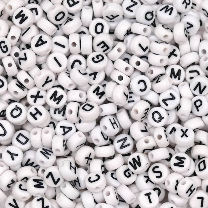 Letter/Alphabet 7x4mm Plastic Bead Mix - White - 15g (110 beads approx)