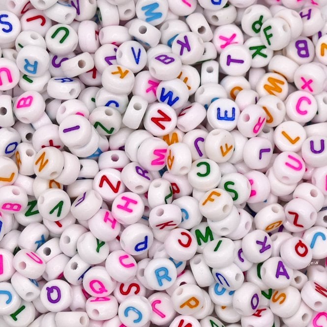 Letter/Alphabet 7x4mm Plastic Bead Mix - White/Multicolour - 15g (110 beads approx)