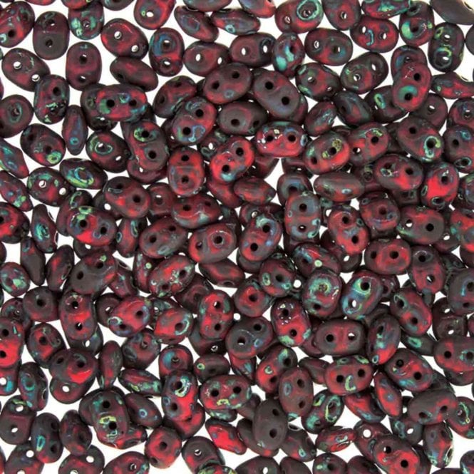 Matubo SuperDuo Czech Beads 2.5x5mm - Opaque Coral Red/Trav Dark - 10g