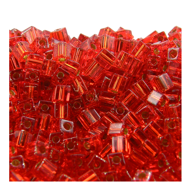  4mm Cube Seed Beads - Silver Lined Flame Red - 10g