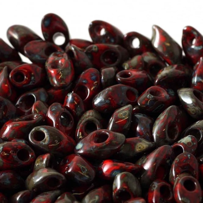  4x7mm Long Magatama Seed Beads - Picasso Opaque Red Garnet - 5g