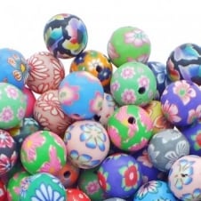 Polymer Clay Beads Round 12mm - Flower Designs - 10pcs