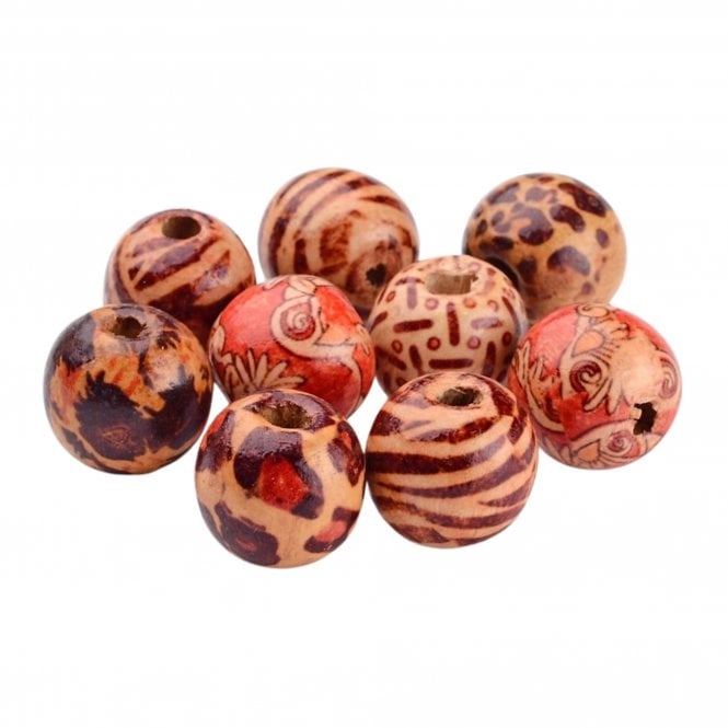 Printed Wooden Beads Round 16x15mm  - Mix Brown - 50pcs