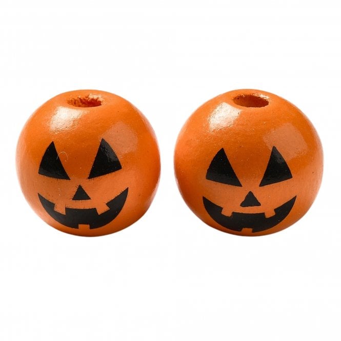 Pumpkin Face Wooden Beads 16mm - Orange - 5pcs